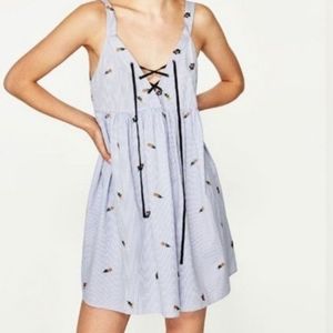 Zara Striped embroidered floral Mini Dress with‎ lace front size Small